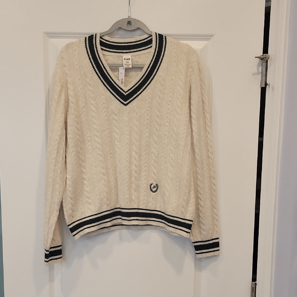PINK Victoria's Secret Preppy Collegiate V-Neck Sweater Forest Green Small NWT